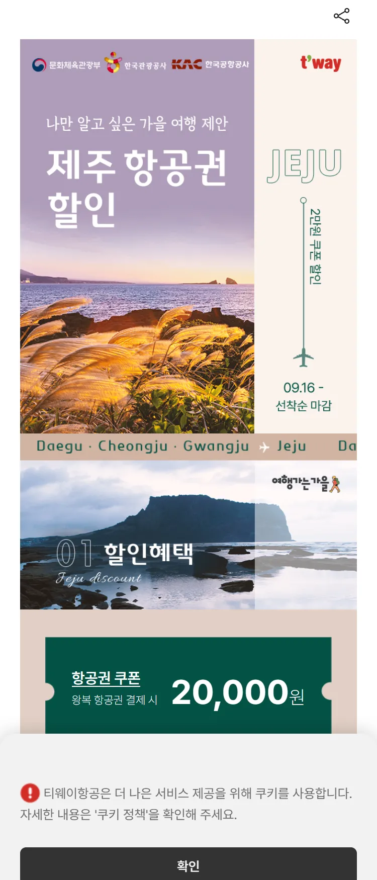 [티웨이]제주 2만원 할인