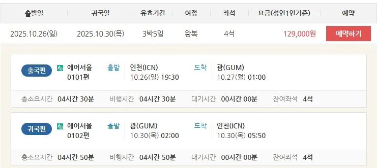 인천에서 괌까지 대박 저렴한 항공권! 129,000원