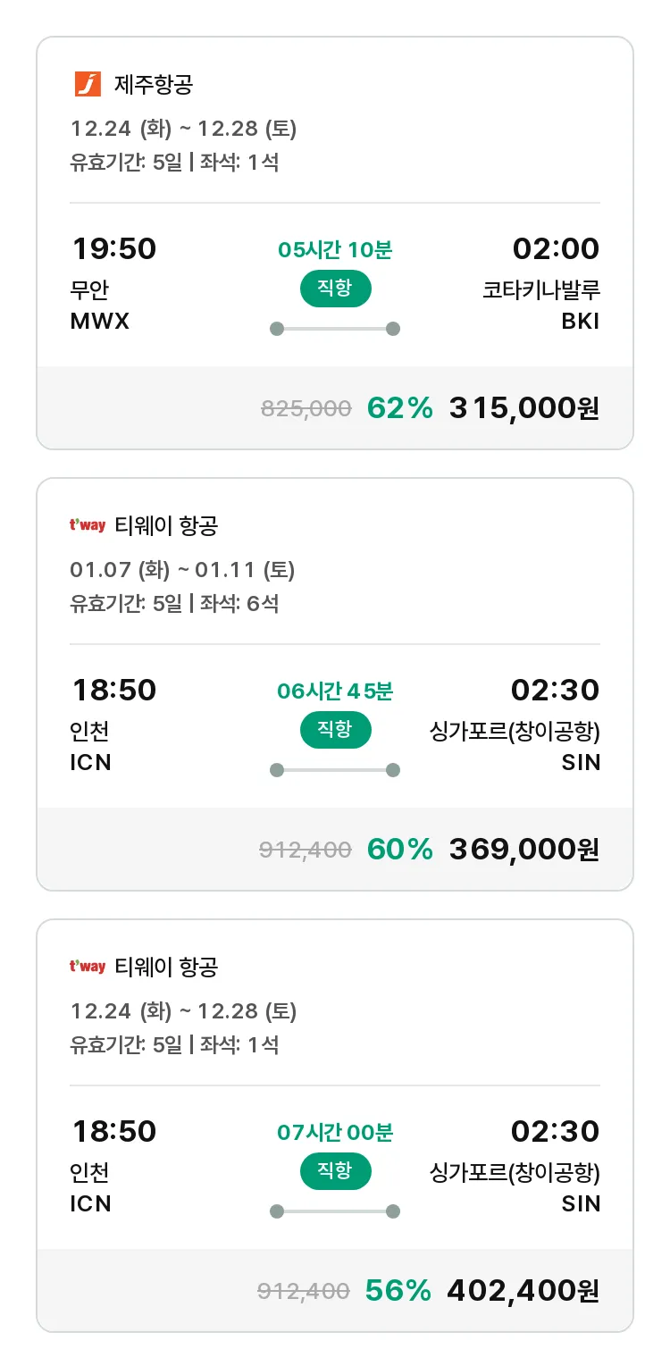 (12월 22일(일)) 모두투어 동남아 특가 항공권