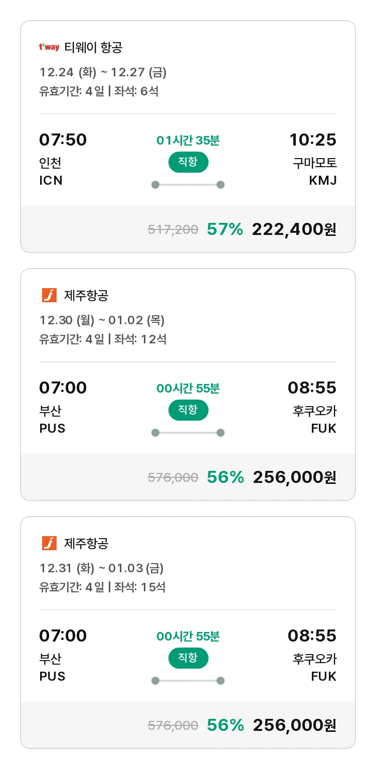(12월 10일(화)) 모두투어 일본 특가 항공권