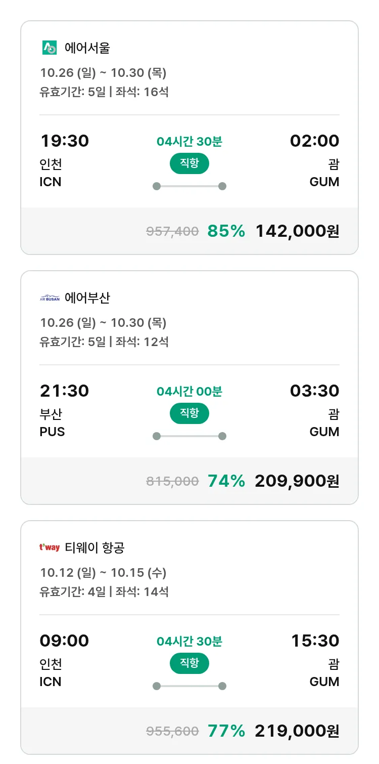 (9월 25일(목)) 모두투어 남태평양 특가 항공권