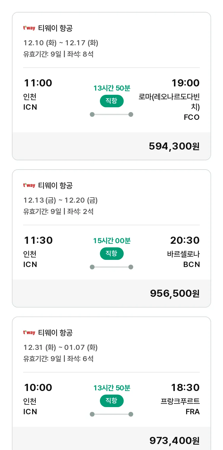 (12월5일(목)) 모두투어 유럽 특가 항공권