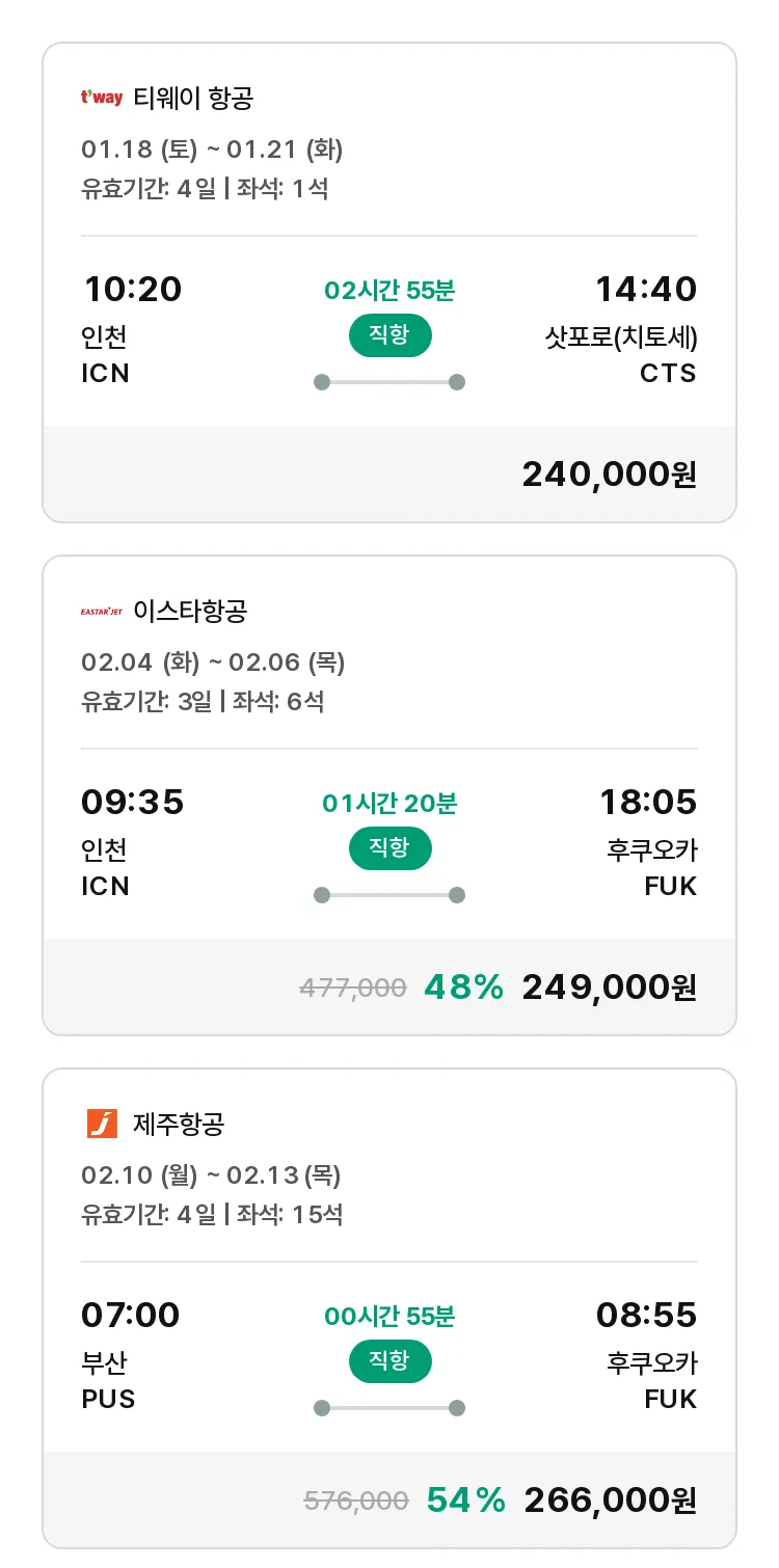 (1월 17일(금)) 모두투어 일본 특가 항공권