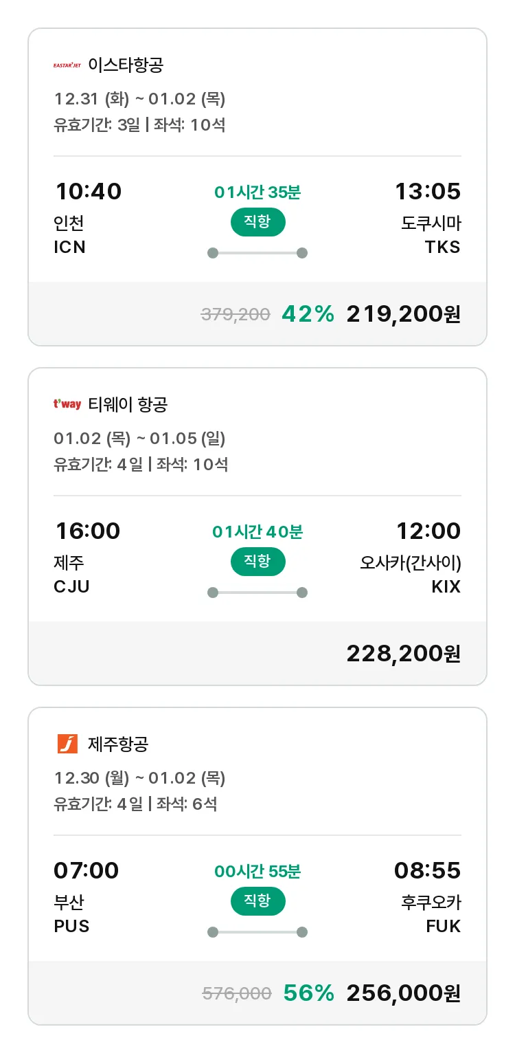 (12월 17일(화)) 모두투어 일본 특가 항공권