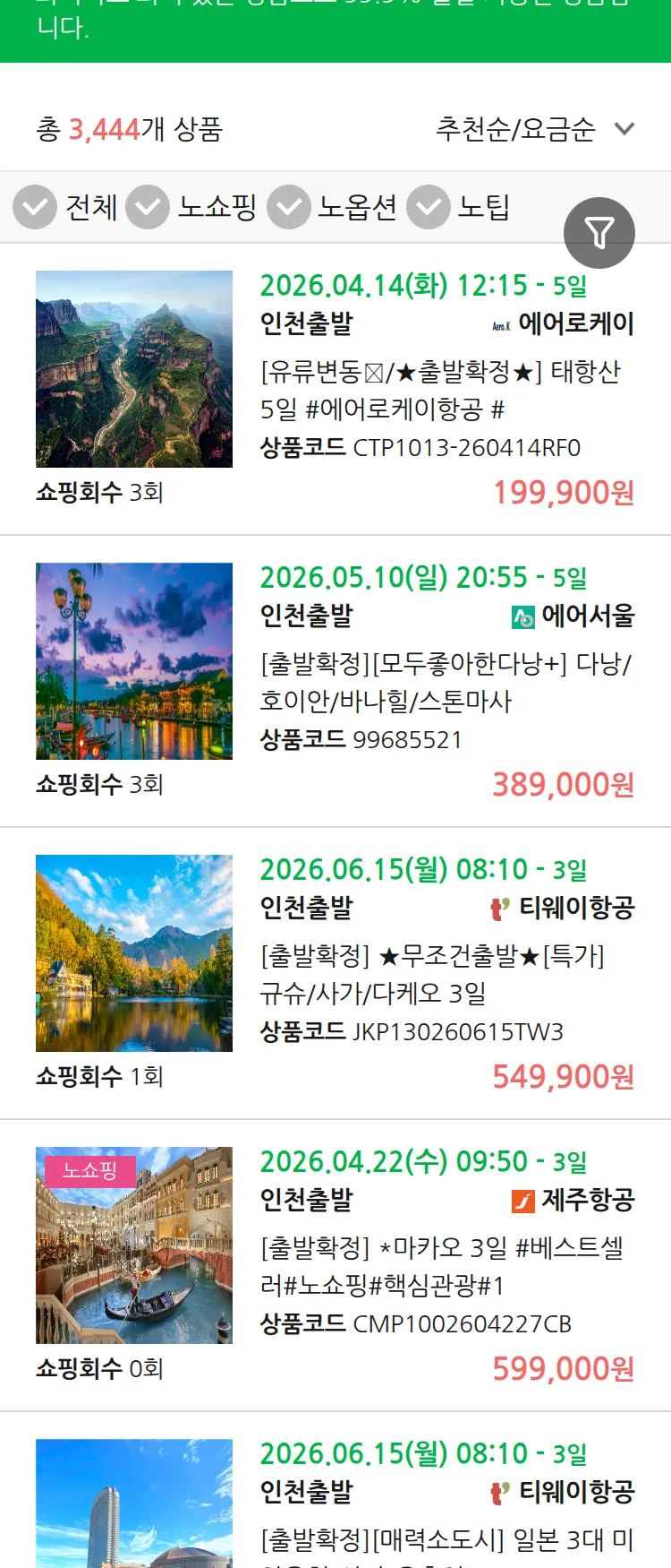 (4월6일(월)) 땡처리 99.9% 확정 패키지