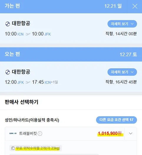 대한항공 타고 서울에서 뉴욕으로 크리스마스 여행 - 약 100만원