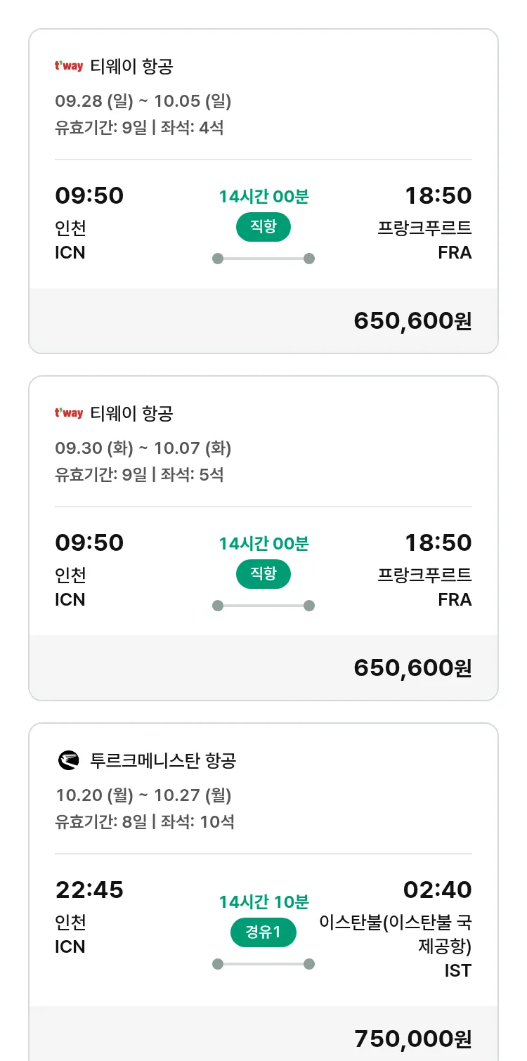 (9월 25일(목)) 모두투어 유럽 특가 항공권