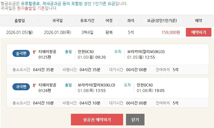 인천에서 보라카이로, 왕복 159,000원! 