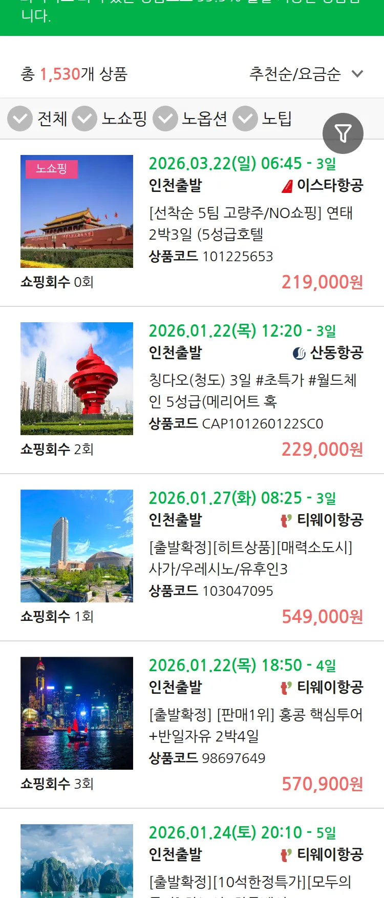 (1월6일(화)) 땡처리 99.9% 확정 패키지