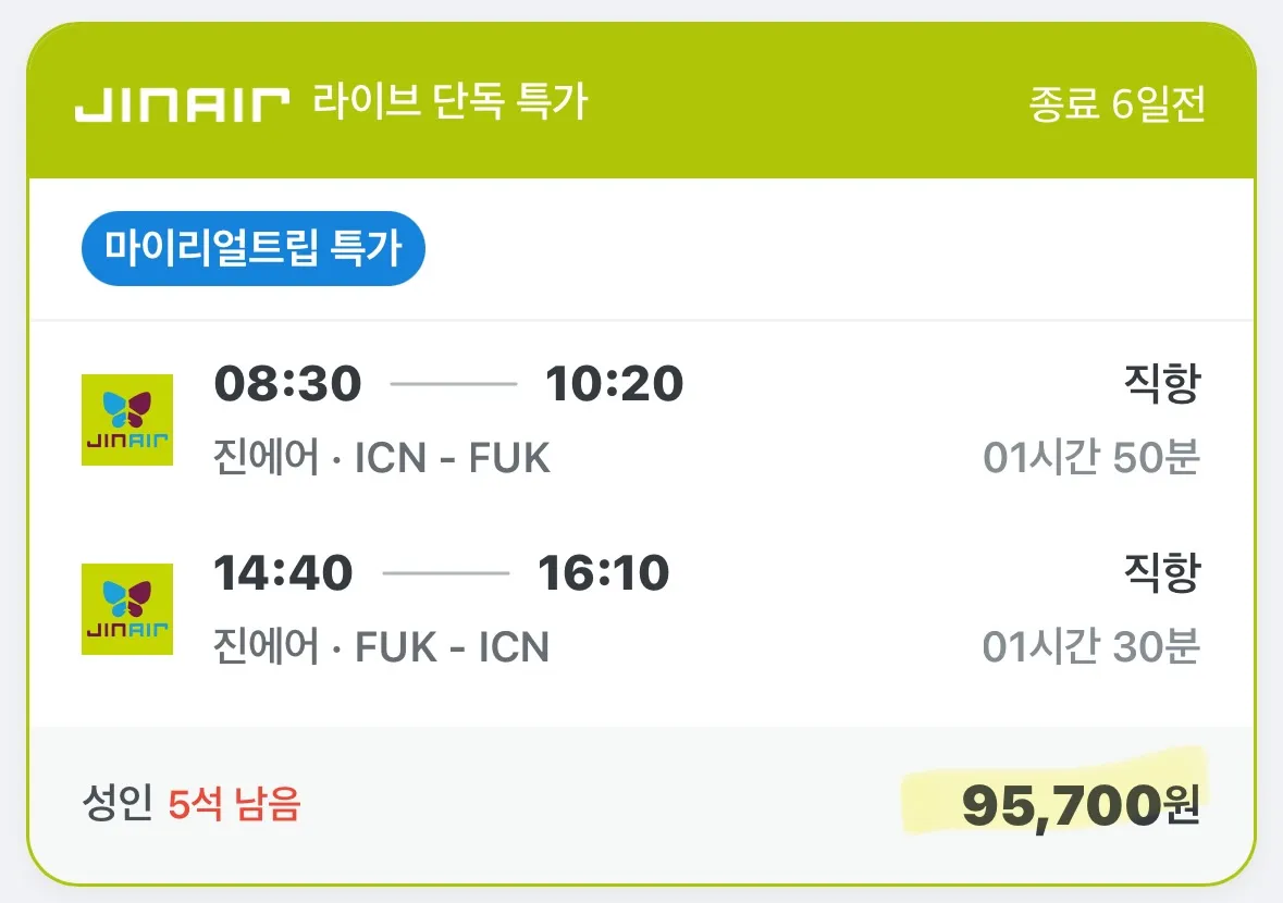 후쿠오카 왕복 특가 정보, 비용: 약 9.5만 원
