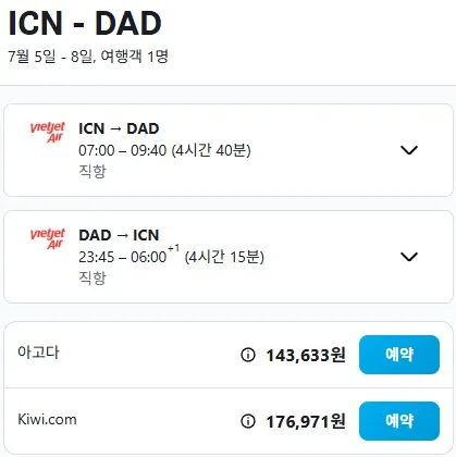 인천에서 다낭까지의 저렴한 항공권, 총 비용 143,633원