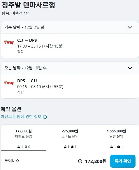 청주 출발 발리 여행, 왕복 17만원