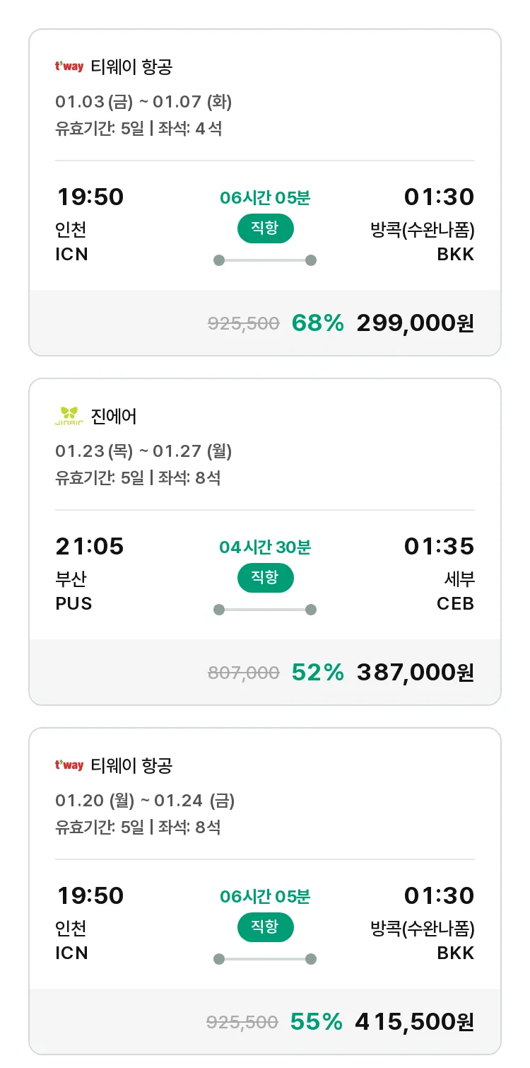 (12월 31일(화)) 모두투어 동남아 특가 항공권