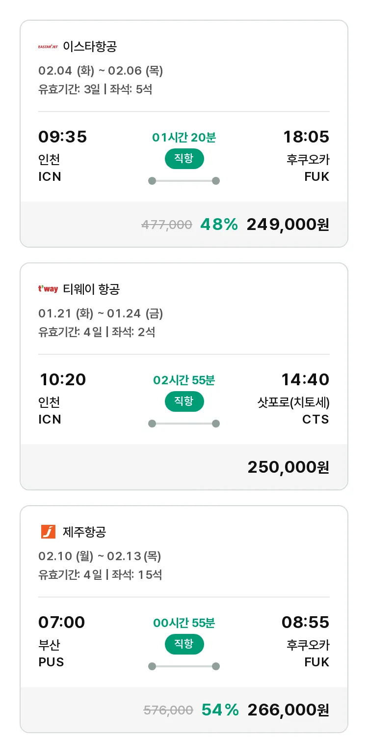 (1월 18일(토)) 모두투어 일본 특가 항공권