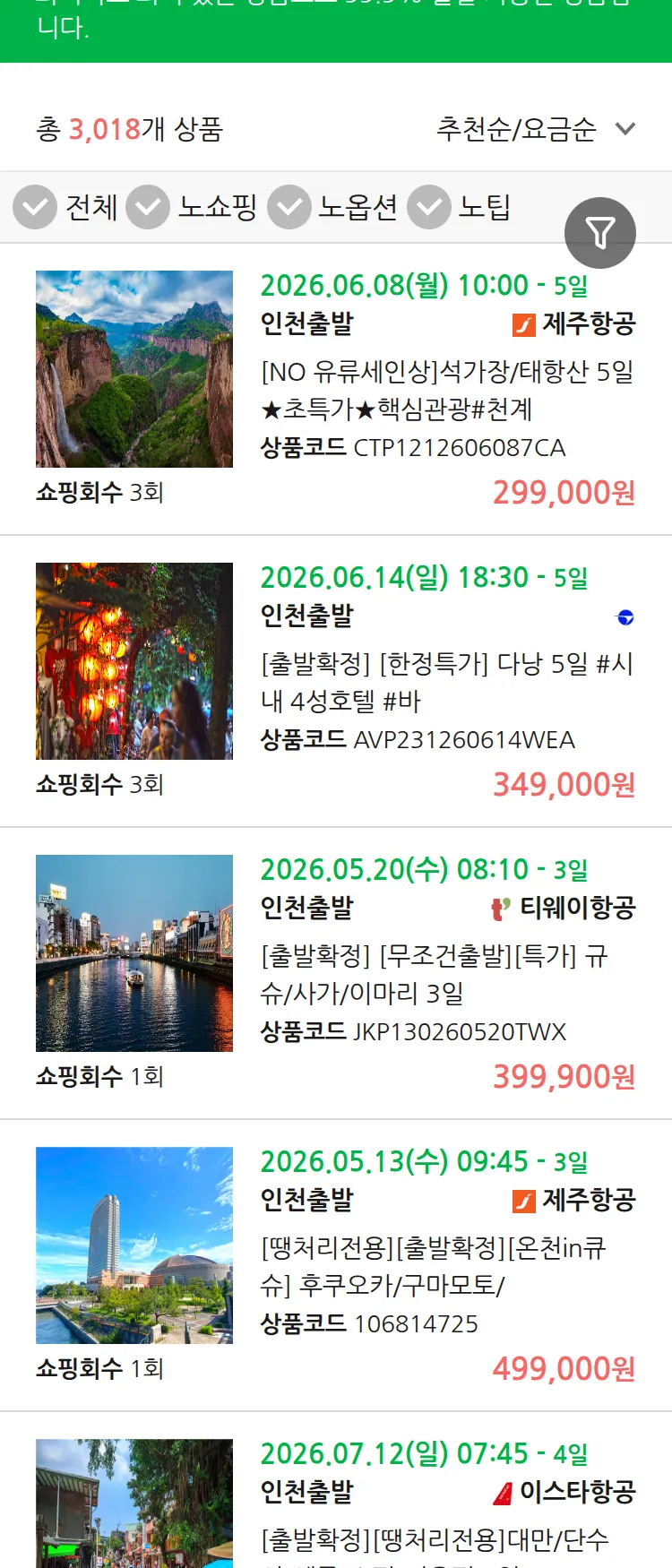 (5월2일(토)) 땡처리 99.9% 확정 패키지